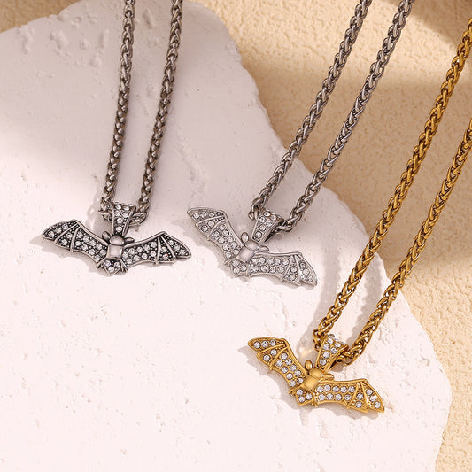 Fashionable Bat-Shaped Pendant Necklace for Women Stainless Steel with 18K Gold Plating and Full Rhinestone Inlay on Standard Chain