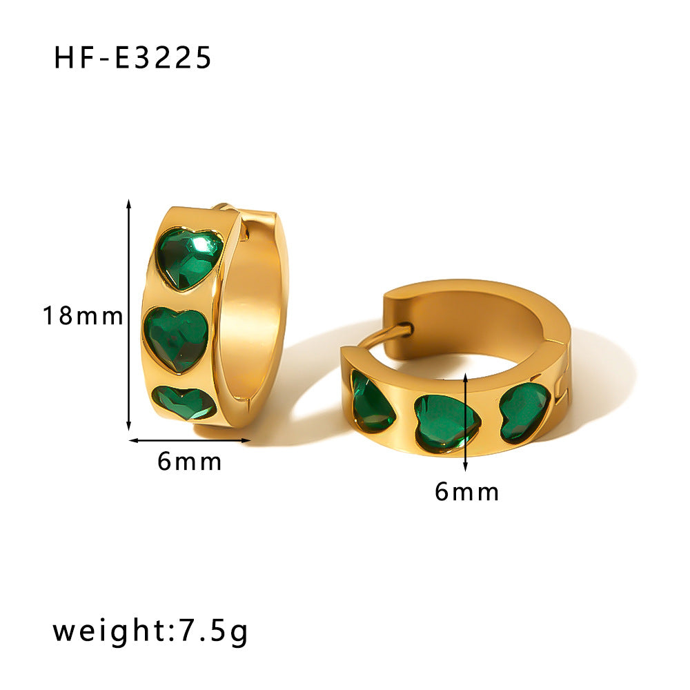 INS Style Heart-Shaped Green Zircon Inlaid Stainless Steel Hoop Earrings for Women with 18K Gold Plating
