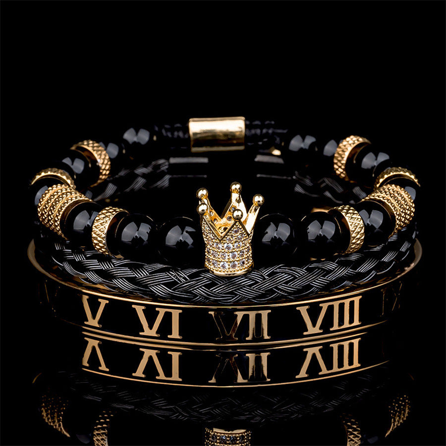 Punk Hip-hop Geometric Crown Drip Oil Titanium Steel Brass Plated Cubic Zirconia Agate Bracelet Set for Men