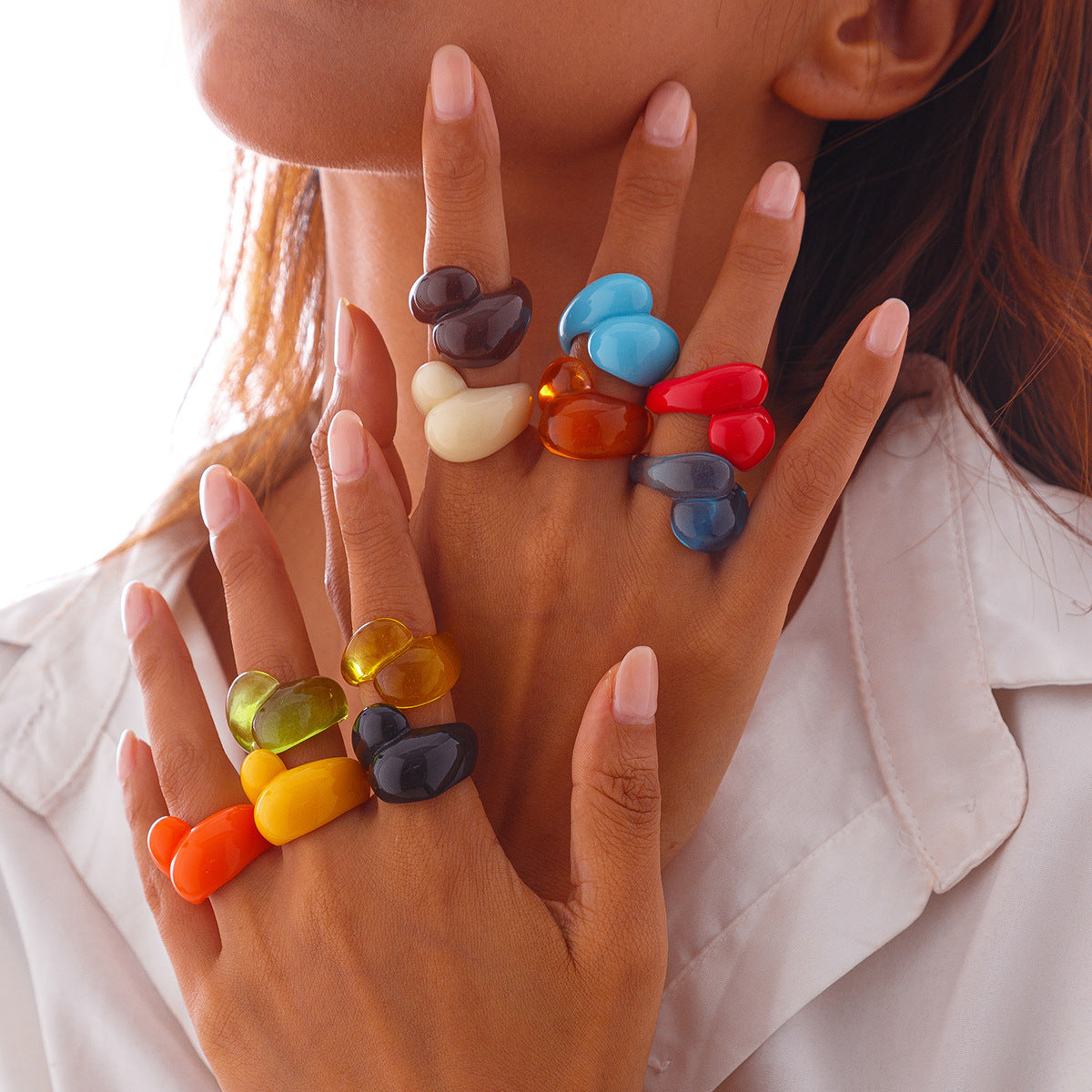 Anello in lega geometrico "Sweet-Edgy" con design a goccia colorato trasparente, fascia aperta regolabile, gioielli alla moda per donne