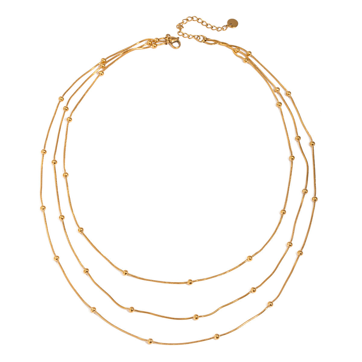 Collana da donna a più strati con perle dorate in acciaio inossidabile placcato e acciaio al titanio, con dettagli geometrici e linee delicate