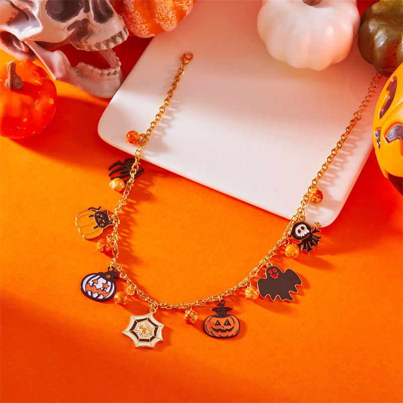 Collar con colgante de calavera de calabaza de Halloween dulce y atrevido de aleación con acabado galvanizado, unisex