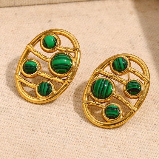 Orecchini a Perno Vintage Geometrici in Acciaio Inox con Placcatura in Oro 18K, Orecchini Vuoti Ovali con Malachite da Donna
