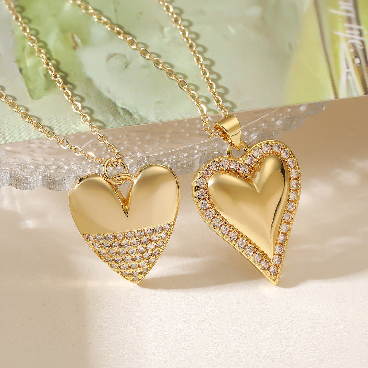 Minimalist 18K Gold Plated Brass Heart Cubic Zirconia Pendant Necklace for Women