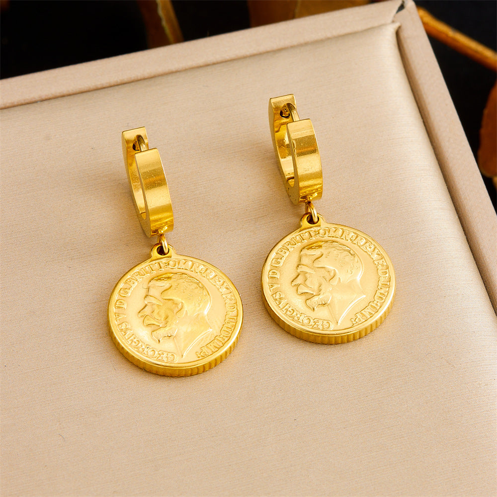 Collana con Pendente Rotondo Vintage a Figura Umana Astratta in Acciaio Inossidabile con Placcatura Oro