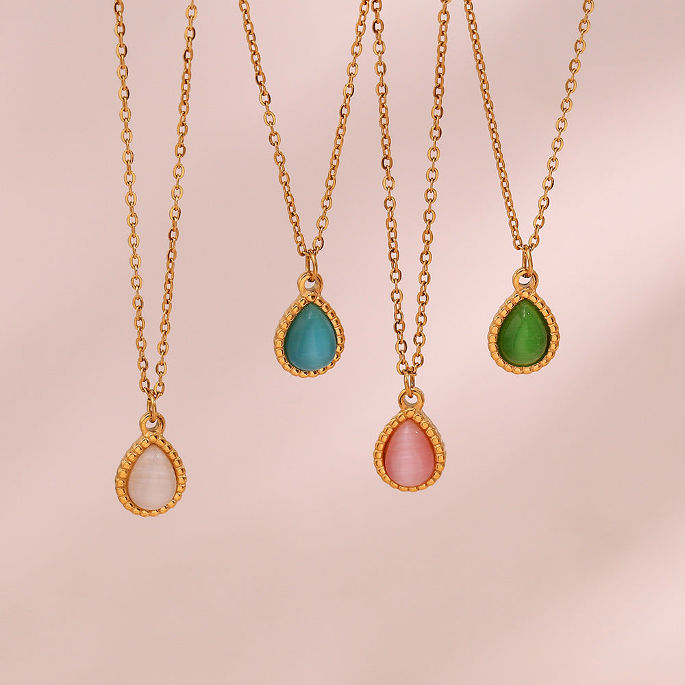 Minimalist Fashion Stainless Steel Teardrop Cat's Eye Pendant Necklace for Women with Plated Finish