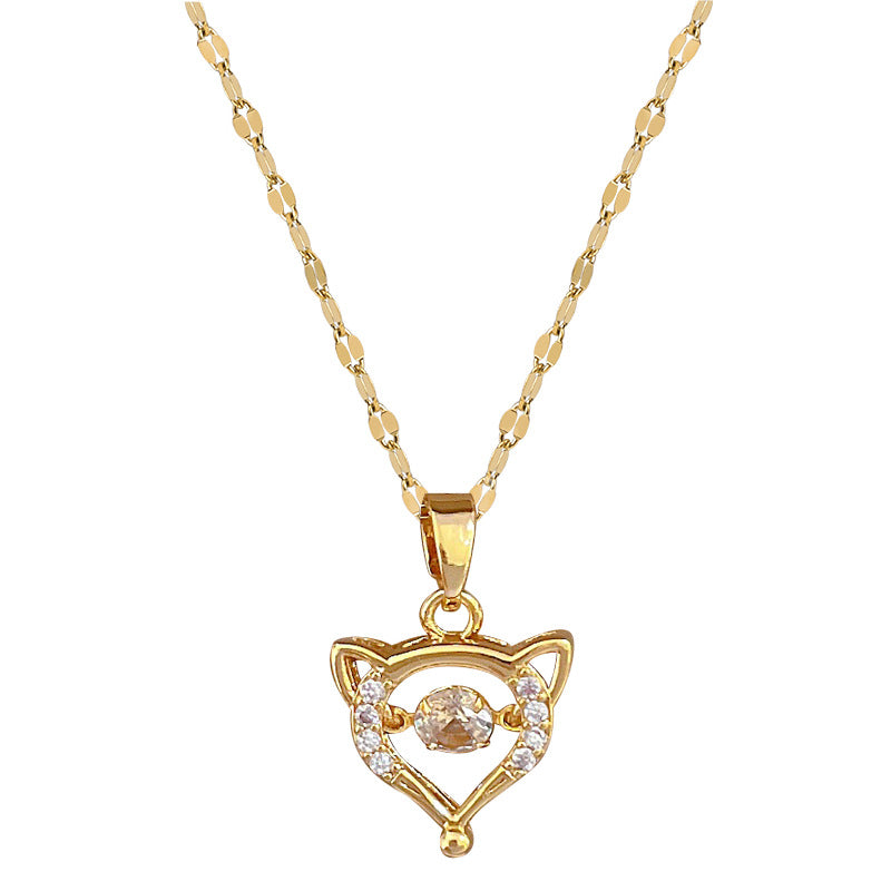 Cute Fox-Shaped Minimalist Titanium Steel Necklace with Rhinestone Inlay for Women, Dainty Clavicle Chain