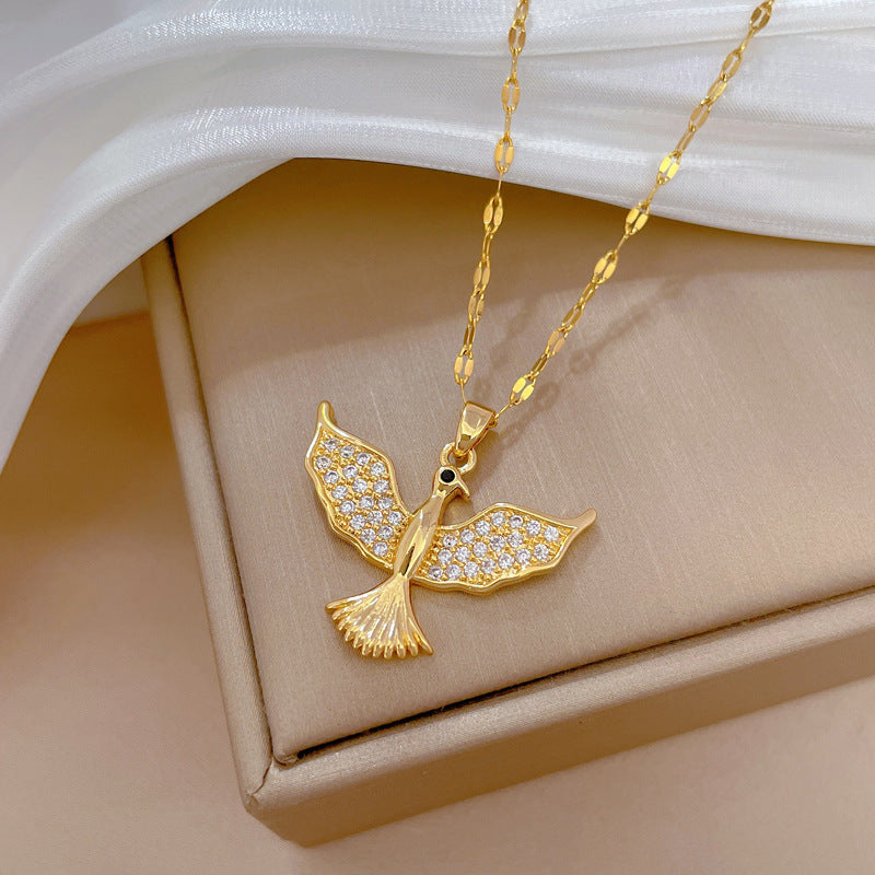 Elegant Geometric Bird Pendant Necklace for Women Stainless Steel Chain with Full Rhinestone Accents Lightweight Delicate Clavicle Chain