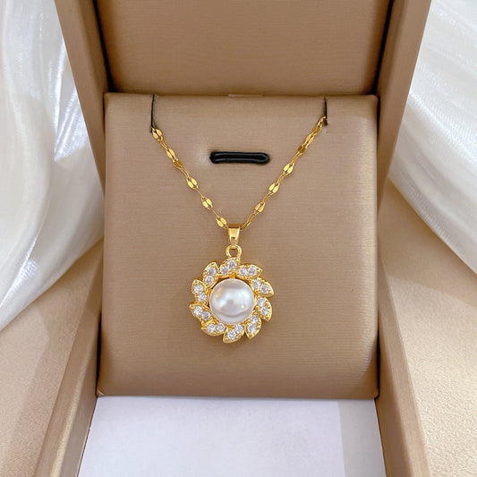 Luxury Titanium Steel Pearl Flower Pendant Necklace for Women with Rhinestone Accents Minimalist Clavicle Chain