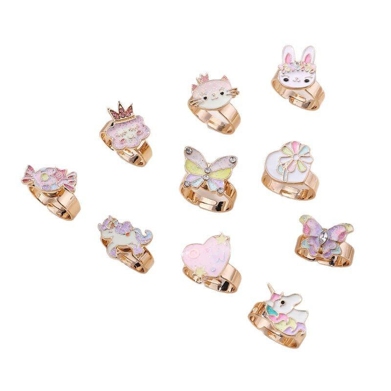 Juego de anillos de esmalte con colgante de personaje de dibujos animados para niñas, anillos de aleación estilo princesa con diseño de Anna