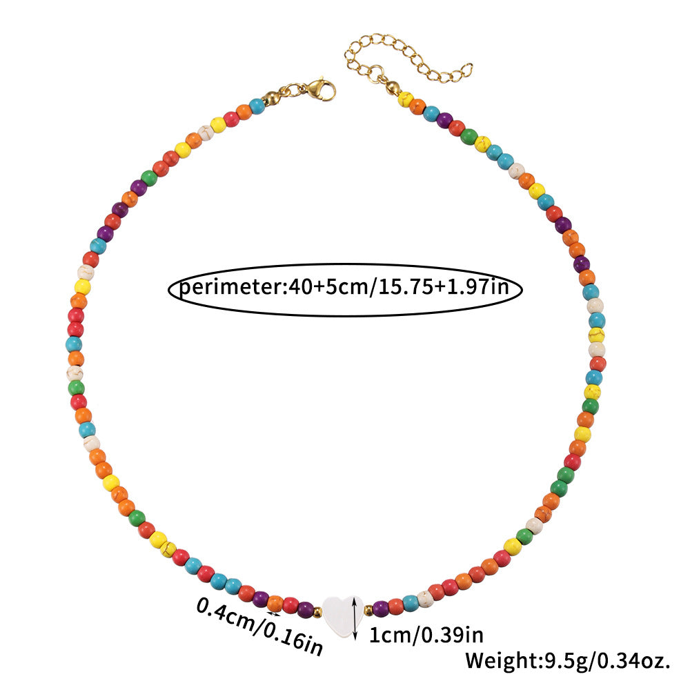 Bohemian Colorful Turquoise Beaded Necklace with Heart Mother of Pearl Pendant on Cable Chain for Women
