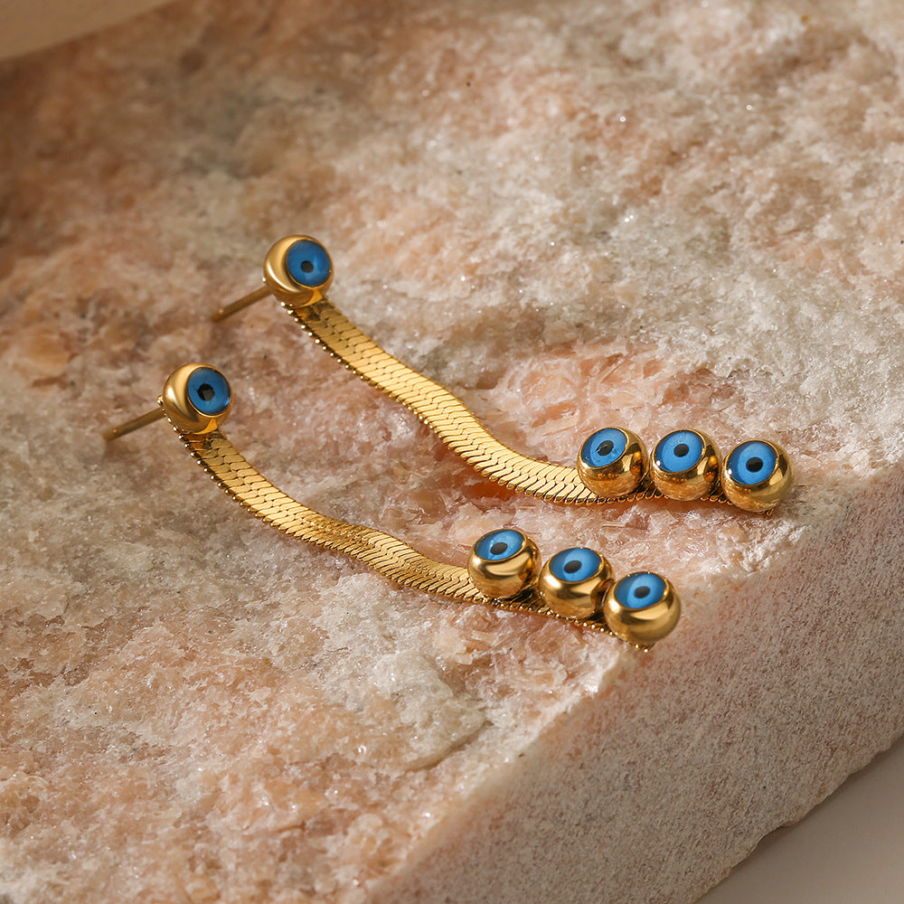 Bohemian Style Leaf-Shaped Titanium Steel Earrings for Women with Enamel Blue Eye Detail and Micro-Pave Setting
