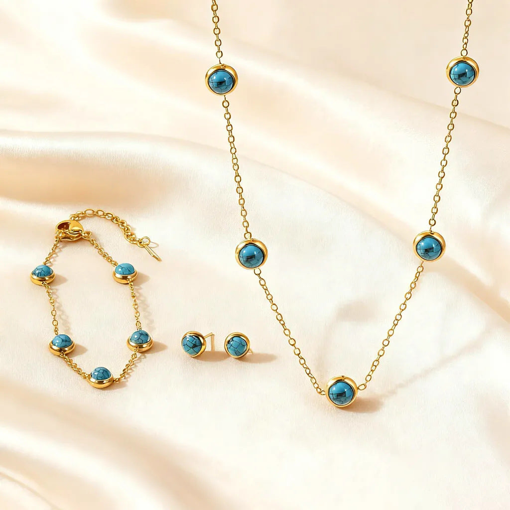 Minimalist Round Geometric Turquoise Inlay Stainless Steel Necklace Set with Cable Chain