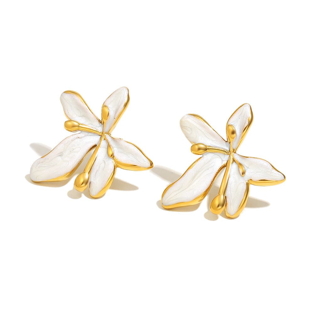 Minimalist French-Inspired Floral Stud Earrings in Stainless Steel with 18K Gold Plating and Enamel Finish