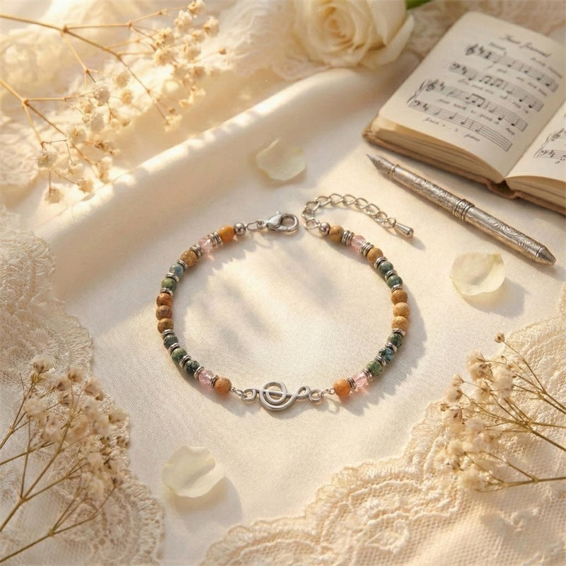 Elegant Geometric Round Crystal Turquoise Beaded Bracelet with Musical Note Pendant for Women
