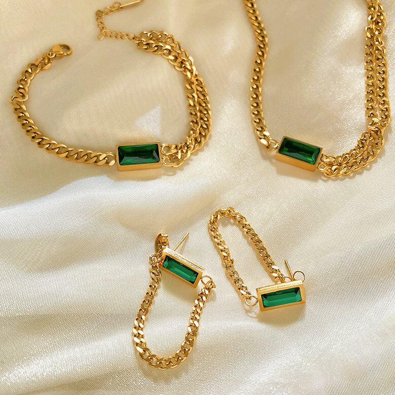 Green Cubic Zirconia Geometric Titanium Steel Plated Layered Necklace Set