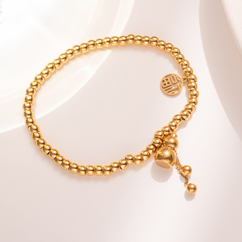 Luxury Style Geometric Shaped Titanium Steel Gold-Plated Elastic Bracelet with Chinese Character 'Fu' and 'Xi' Pendant for Women