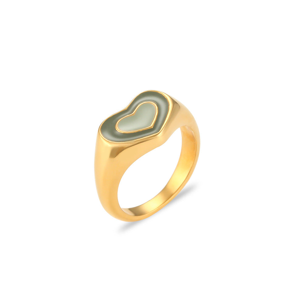 Anillo de acero inoxidable con forma de corazón a la moda con revestimiento de esmalte para mujer