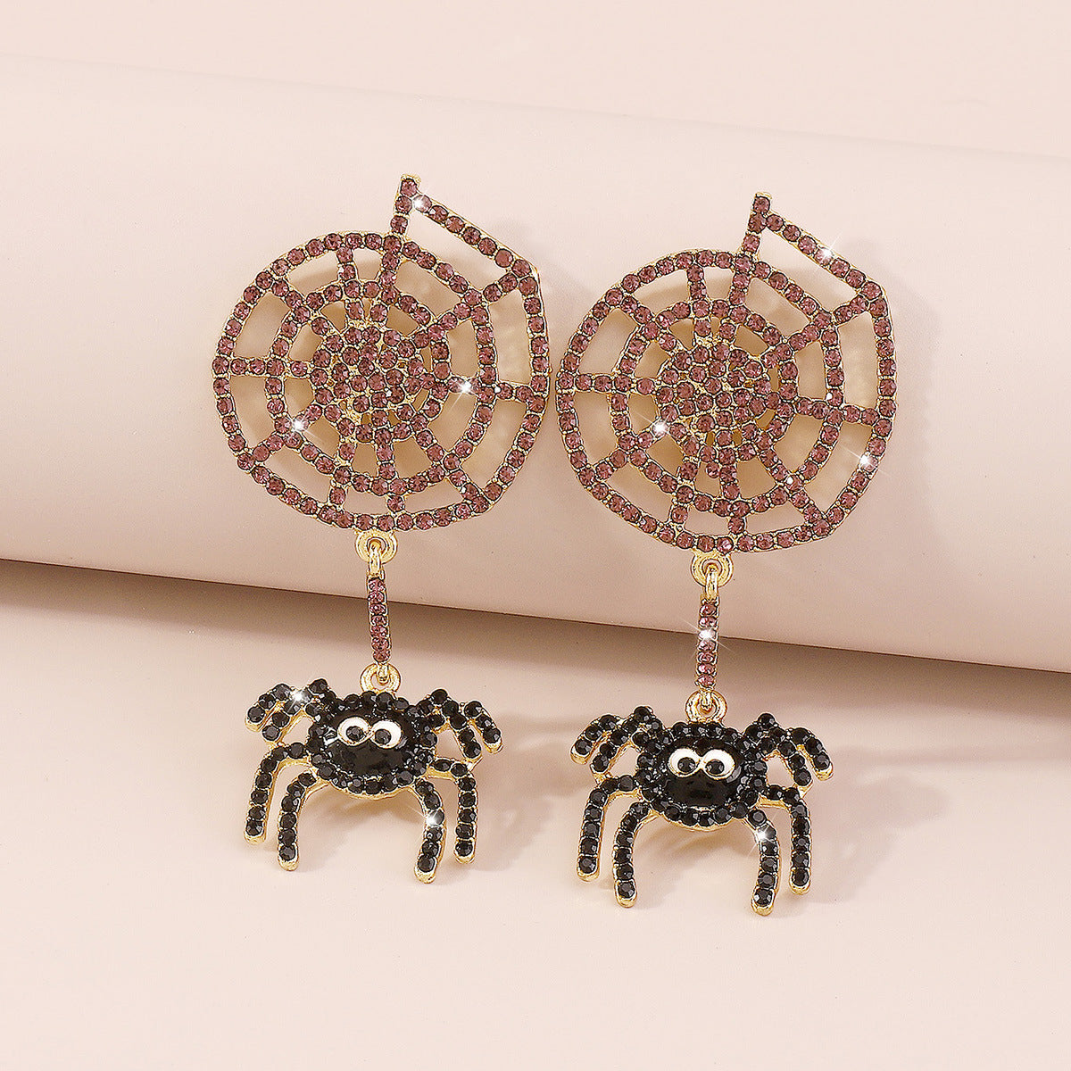 Dark Gothic Geometric Spiderweb Earrings for Women with Alloy Base Rhinestone Inlay and Enamel Finish