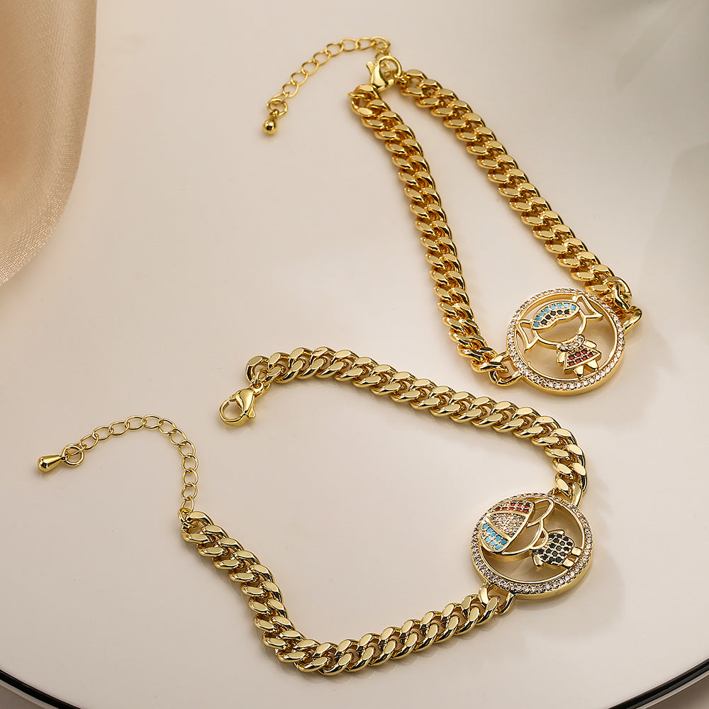 Bracciale da donna a maglia cubana geometrica e minimalista in rame con zirconi micro-pavé