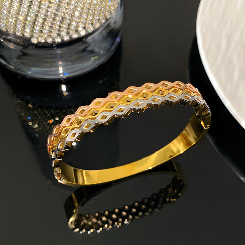 Minimalist Geometric Checkered Plated Titanium Steel Bracelet for Women