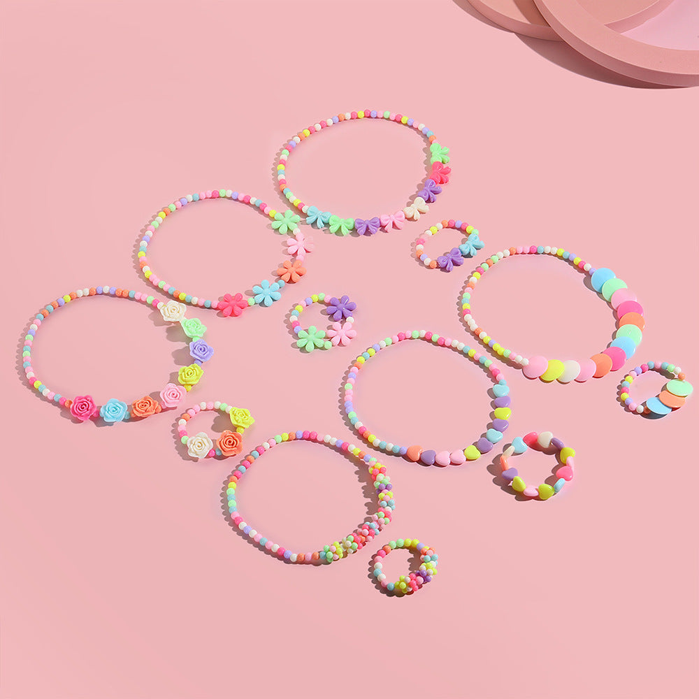 Set di collana e bracciale per bambini con perline, ciondoli a fiocco e fiore, fatti a mano in resina, per bambini da 0 a 10 anni