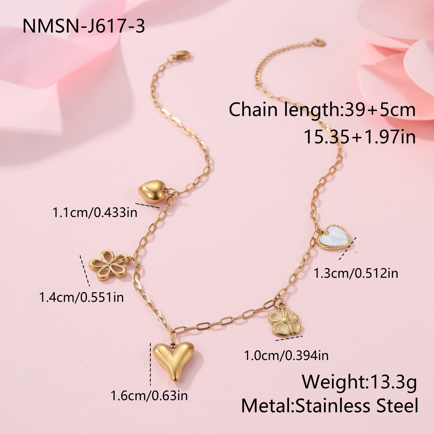Fashionable Geometric Sun and Heart Pendant Necklace in Stainless Steel with Plated Finish for Women