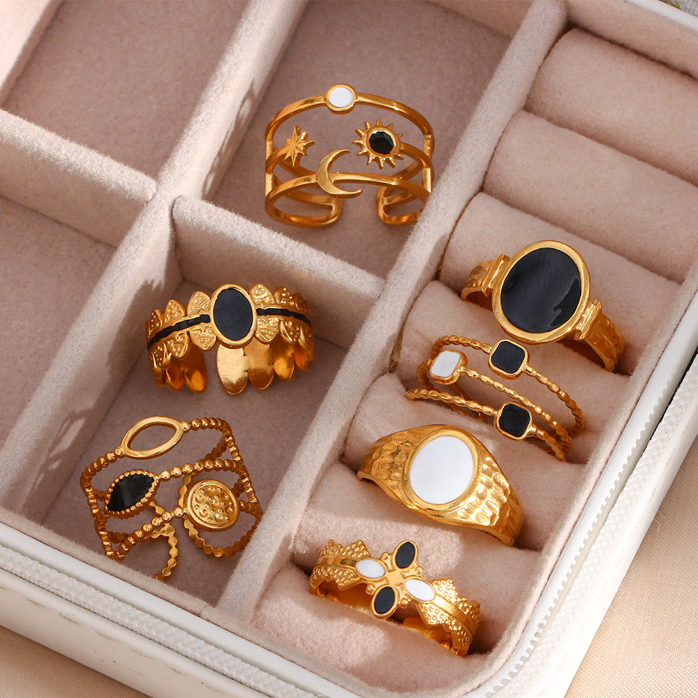 Fashionable Geometric Stainless Steel Ring with Enamel Black and White Sun Moon Star Design Three-Layer Open Band
