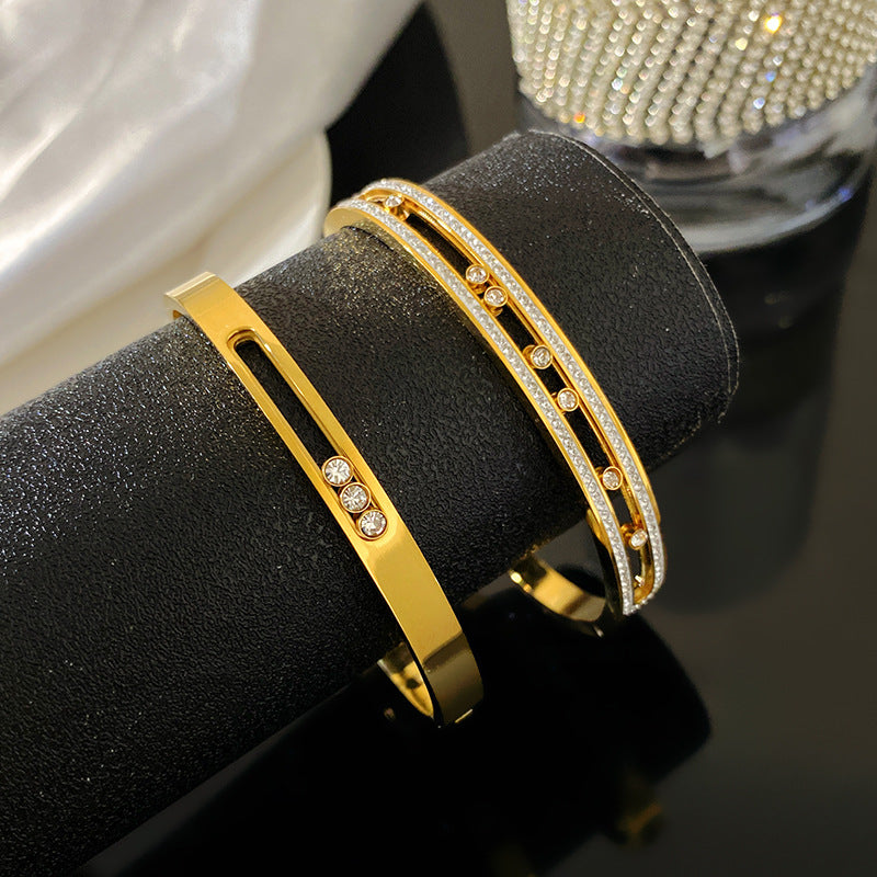 Minimalist Titanium Steel Geometric Bracelet with Micro-Inlaid Cubic Zirconia and Plated Finish