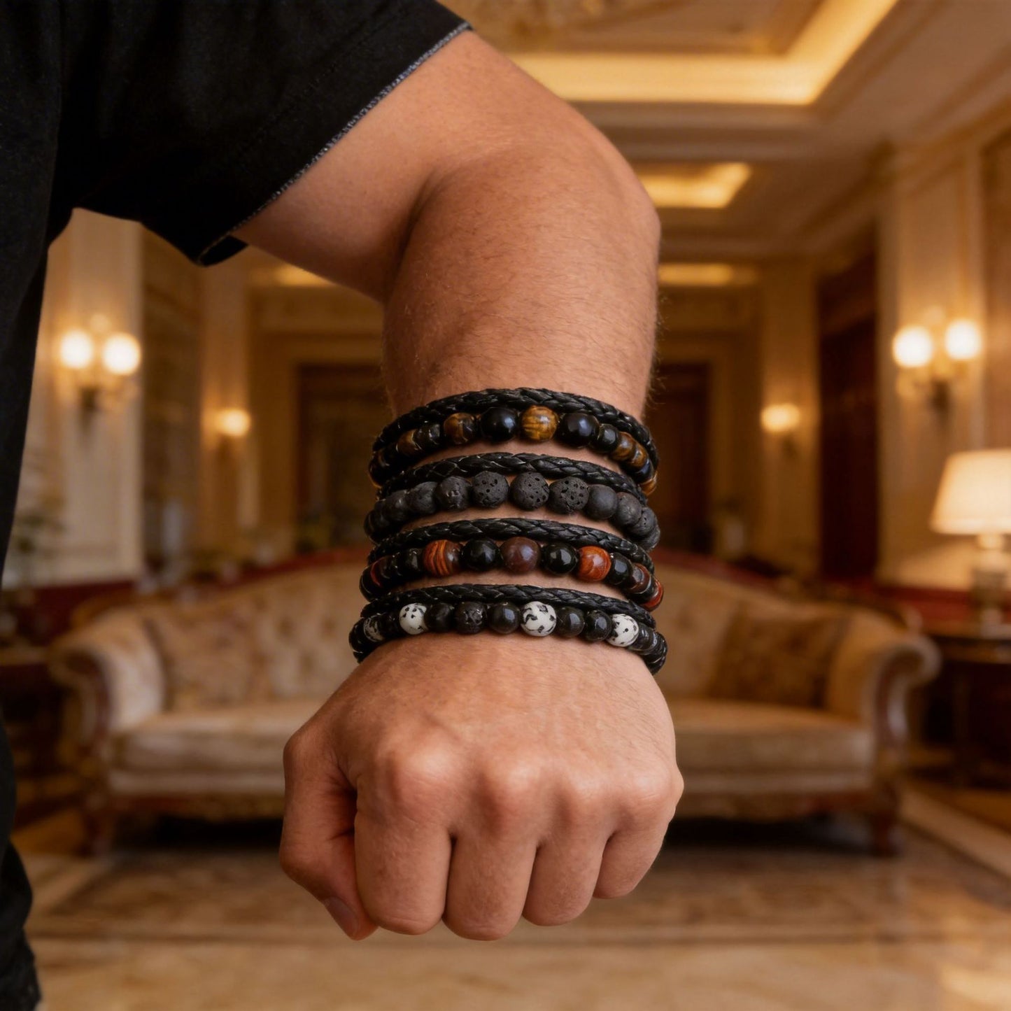 Hip-hop Geometric Round Tiger Eye Volcanic Stone Leather Bracelet with Magnetic Clasp for Unisex