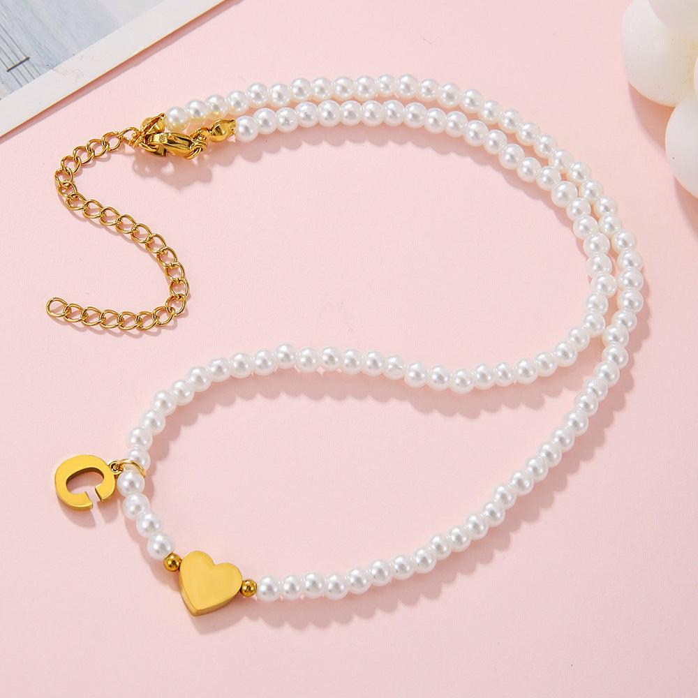 Minimalist Letter Heart Stainless Steel Pearl Necklace Women Cable Chain