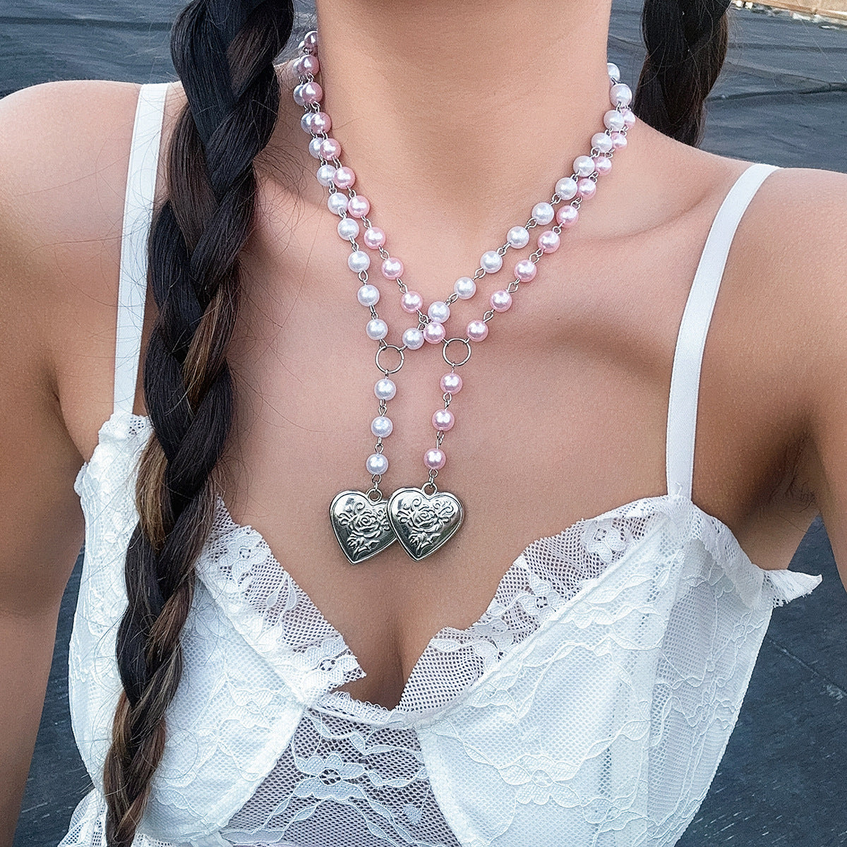 Sweet Casual Heart Resin Pendant Plated Alloy Ball Chain Necklace for Women