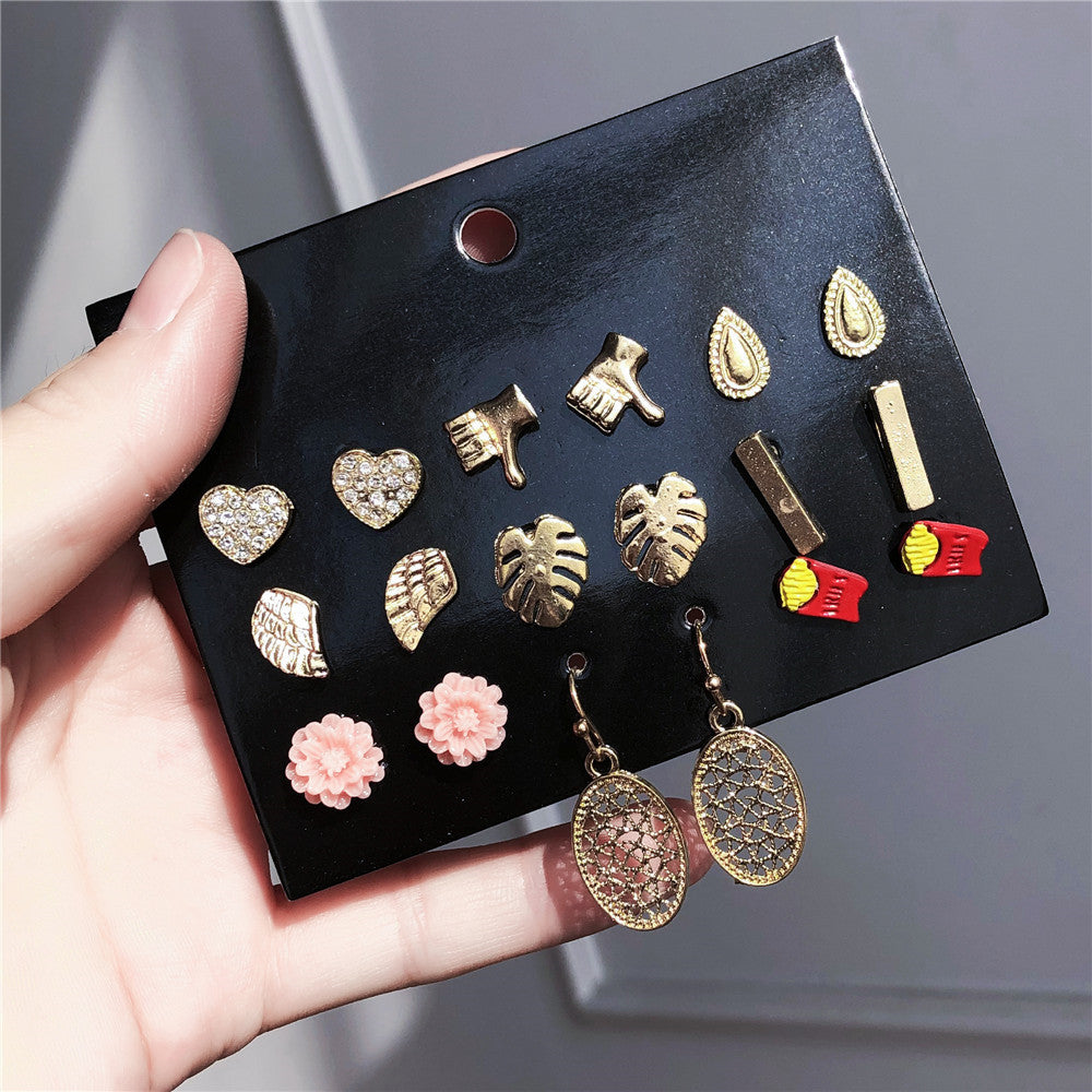Gold Plated Stainless Steel Geometric Flower Leaf Star Butterfly Rhinestone Inlay Earrings Set with Floral Pattern
