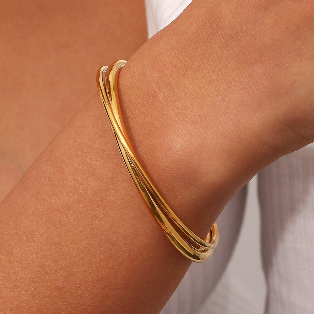 Minimalist Fashion Bracelet for Women Stainless Steel Double-Layer Cross-Over Cuff with 18K Gold Plating
