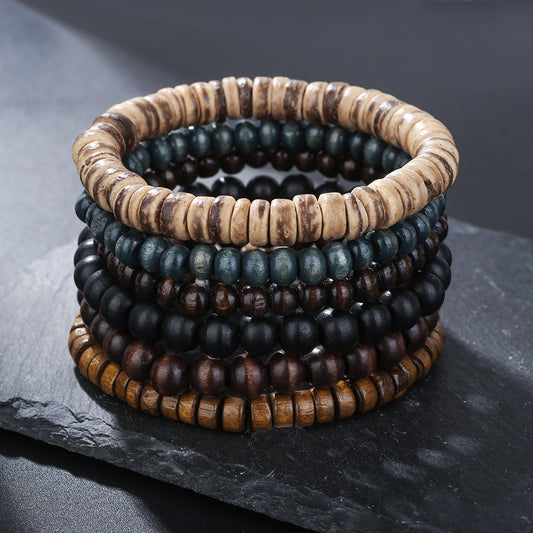 Vintage Geometric Wood and Gemstone Beaded Bracelet Set