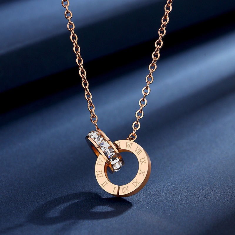 Minimalist 18K Gold Plated Titanium Steel Double Ring Roman Numeral Geometric Pendant Necklace