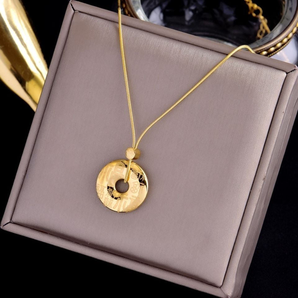 Chinese Style Feng Shui Fu Character Geometric Pendant Necklace in Titanium Steel with 18K Gold Plating for Women
