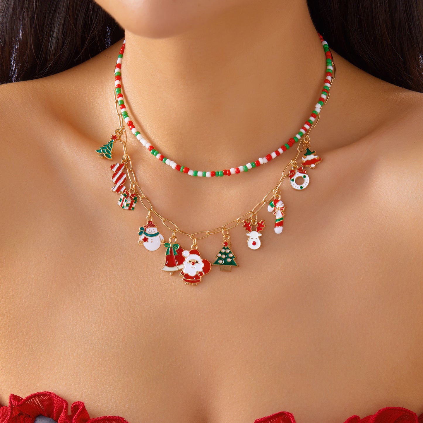 Collana pendente alla moda Babbo Natale e pupazzo di neve per donne con struttura in lega di zinco e finitura placcata