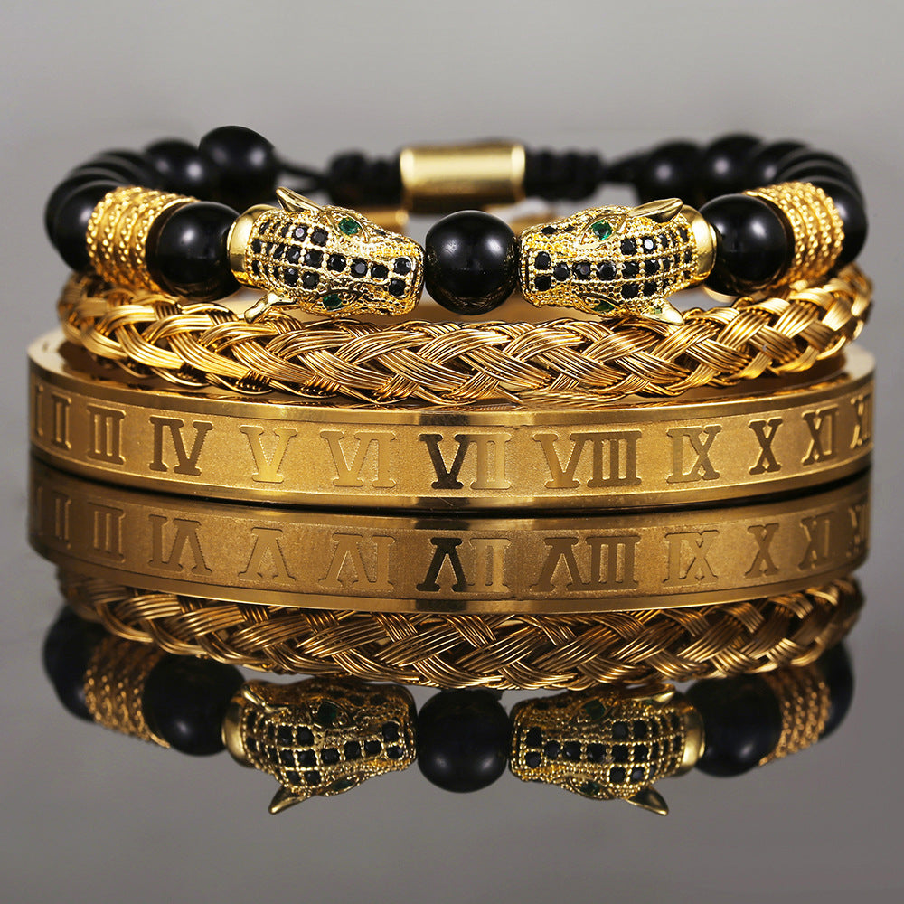 Personalized Double Leopard Head Black Agate Micro-set Cubic Zirconia Brass Stainless Steel Bracelet Set