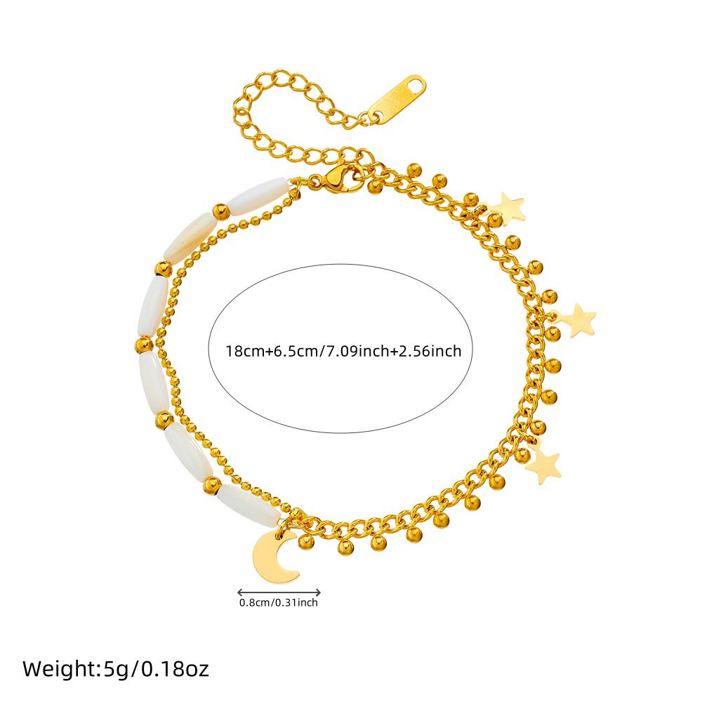 Rustic Style Star and Moon Shaped Gold-Plated Stainless Steel Anklet with Beaded Double Chain for Women