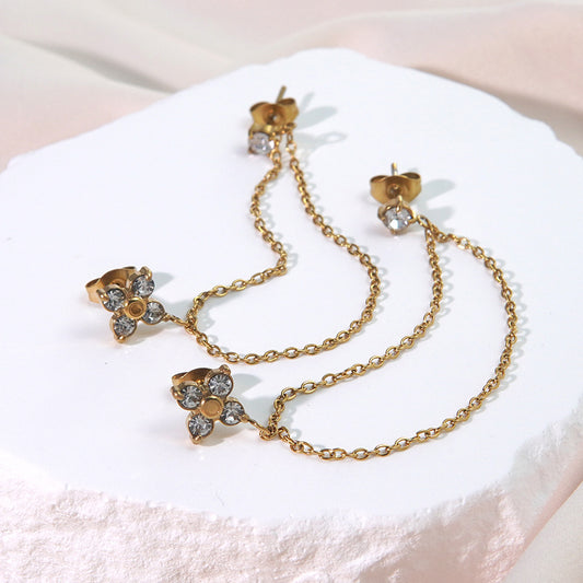 Pendientes de acero inoxidable chapado con diseño floral, circonita cúbica y borla
