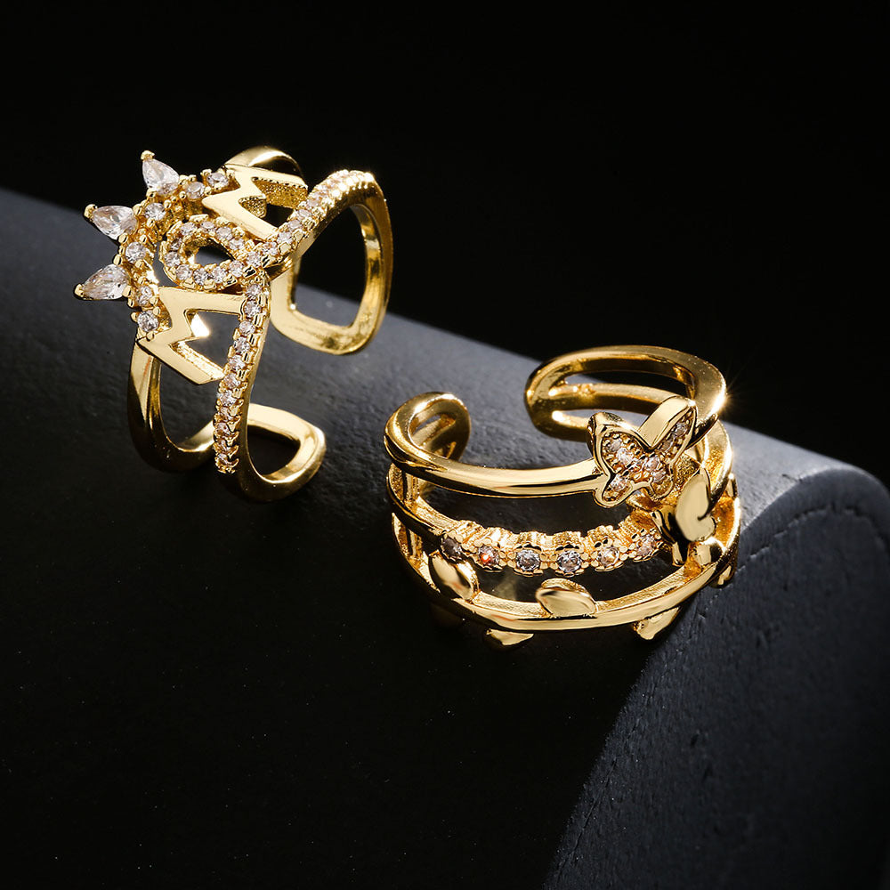 Ins Style 18K Gold Plated Geometric Crown Mom Ring Micro Paved Cubic Zirconia Copper Women Fashion Jewelry