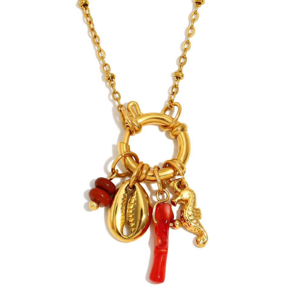 Fashionable Lip-Shaped Pendant Necklace in Stainless Steel with 18K Gold Plating, Enamel Red Finish, Sea Horse Accent, Geometric Design for Women