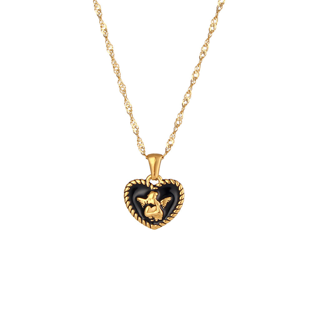 Collana con Ciondolo a Angelo Geometrico Minimalista in Acciaio al Titanio Placcato Oro 18K, Design Cuore e Libellula da Donna