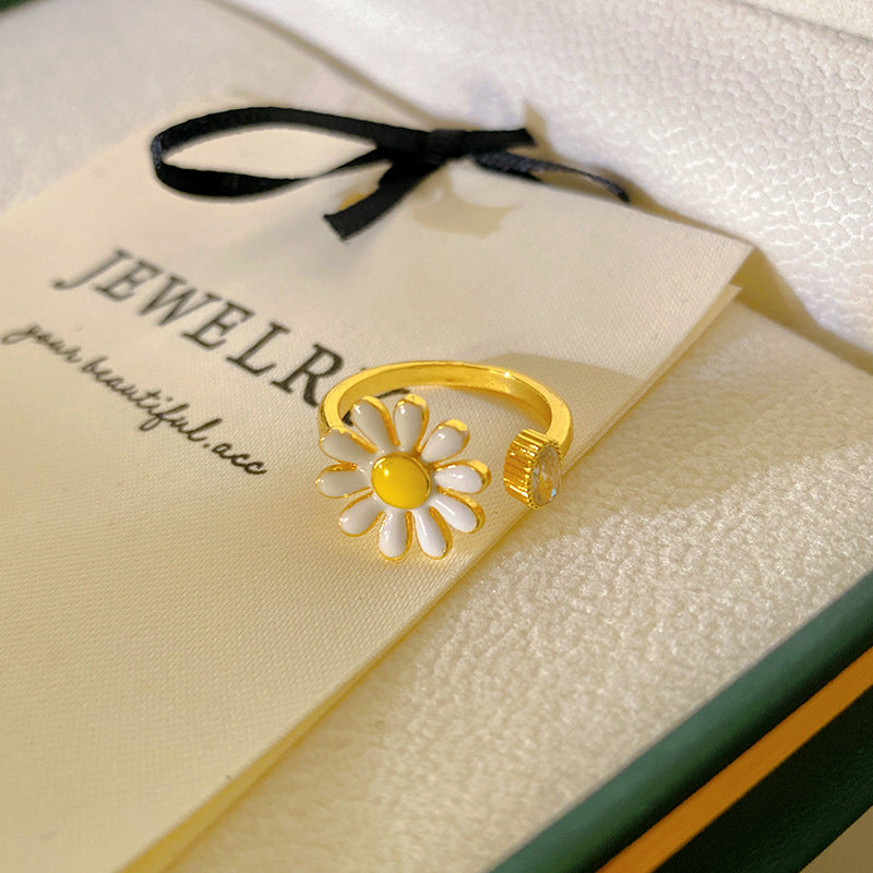 Sweet Minimalist Floral Cubic Zirconia Plated Titanium Steel Adjustable Ring for Women