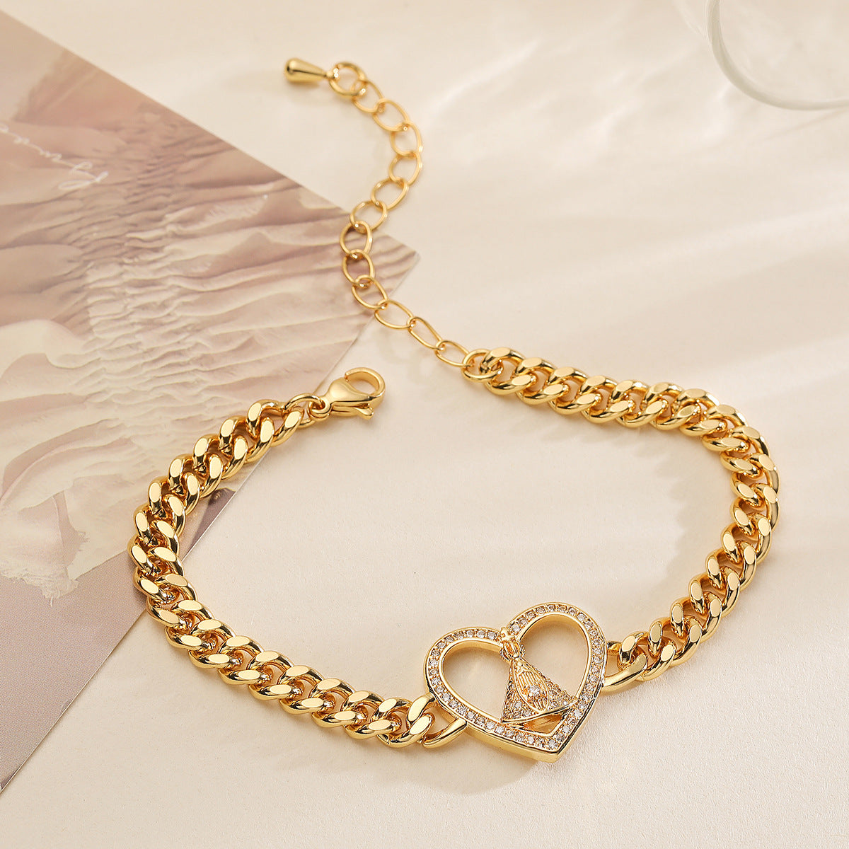 Bracciale geometrico in rame da donna placcato oro con intarsio in zircone stile catena cubana hip-hop