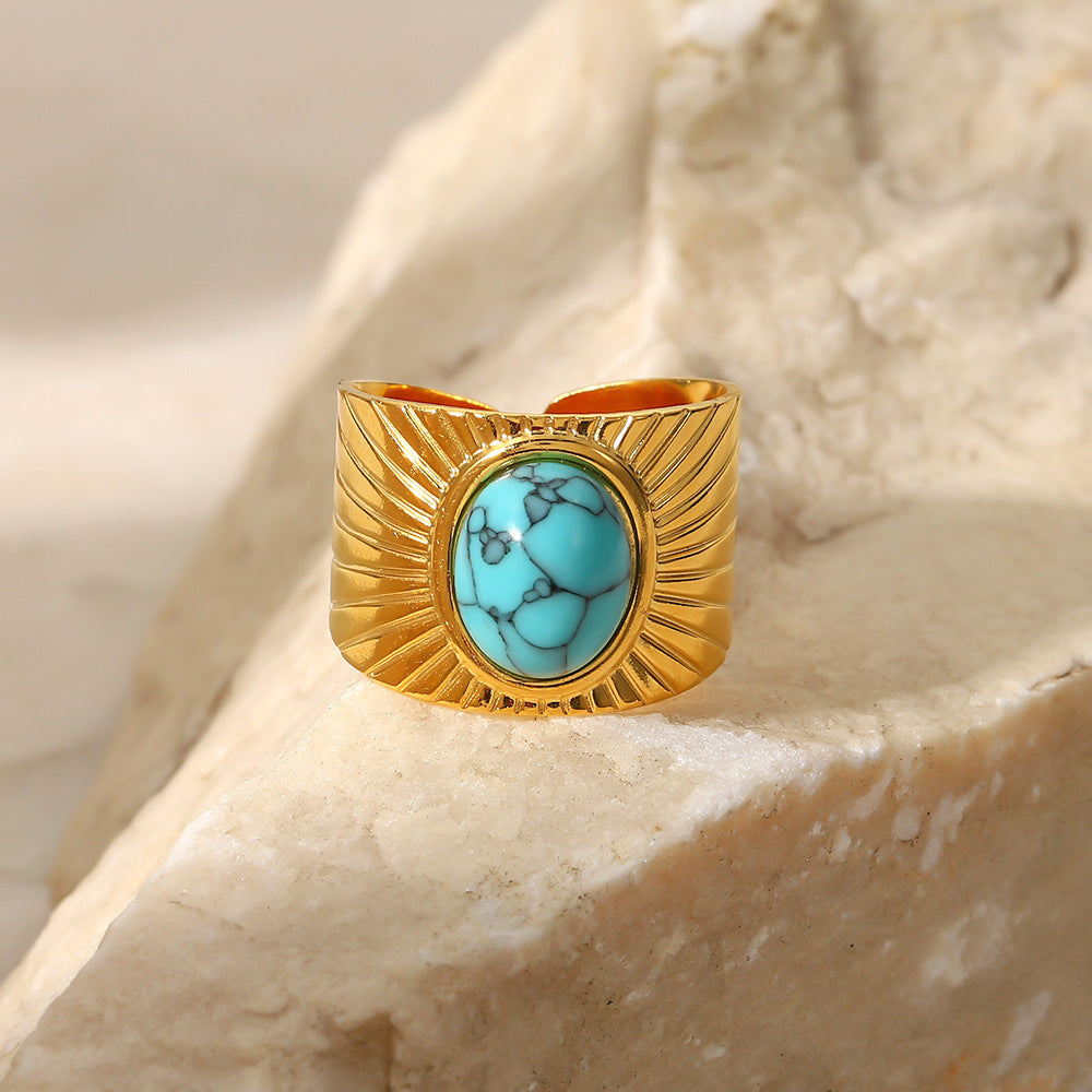 Anello regolabile da donna in acciaio inossidabile placcato oro 18 carati con motivo a spirale geometrica turchese