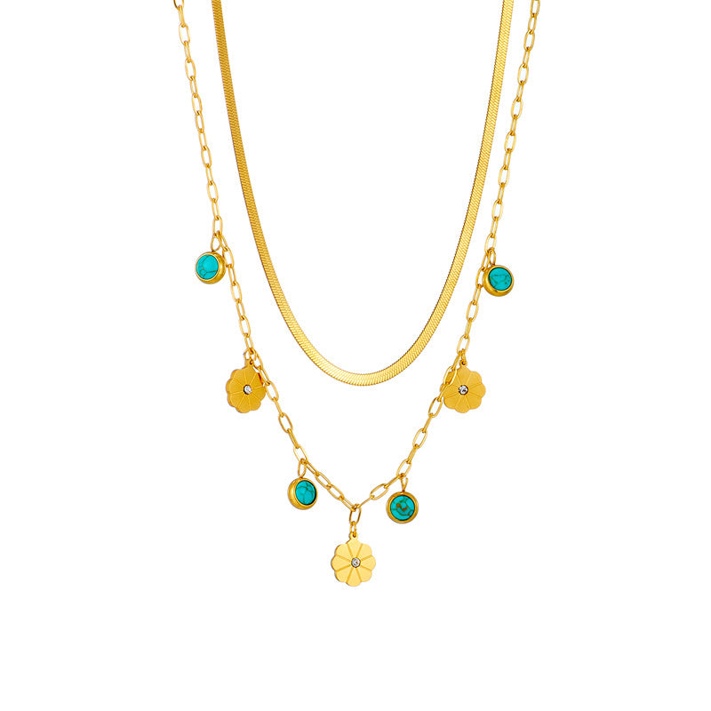 Minimalist Fashion Double-Layer Snake Chain Necklace with Turquoise Flower Pendant in Titanium Steel with Plating Finish