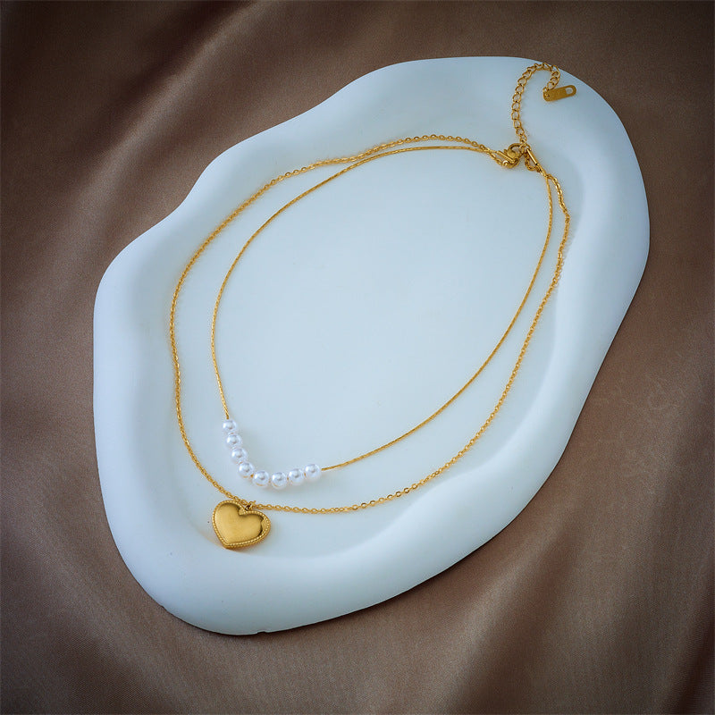 Collana Pendente Minimalista a Doppio Strato a Cuore in Acciaio al Titanio con Finitura Placcata per Donne
