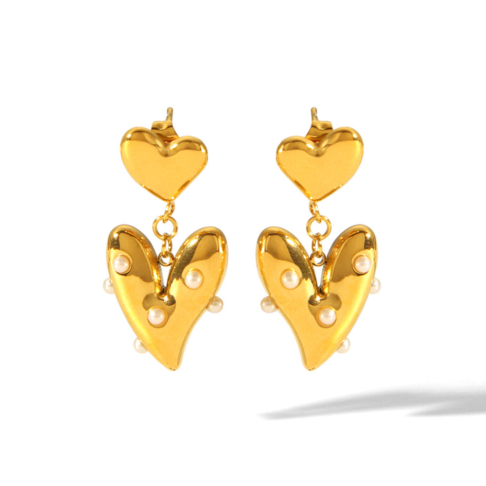 Fashion 18K Gold Plated Stainless Steel Heart Pearl Stud Earrings for Women